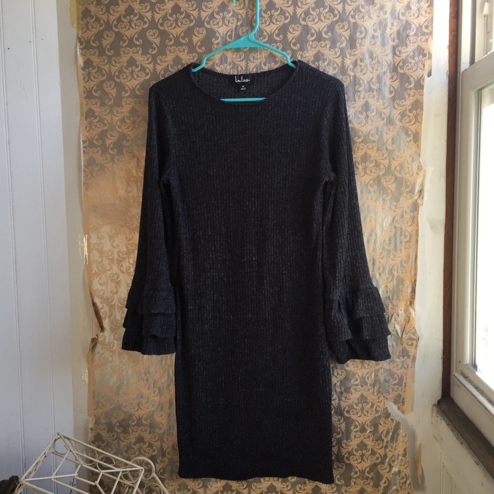 Lulus Gray Ribbed Ruffle Bell Sleeve Sweater Dress - Size M Charcoal Rayon Blend